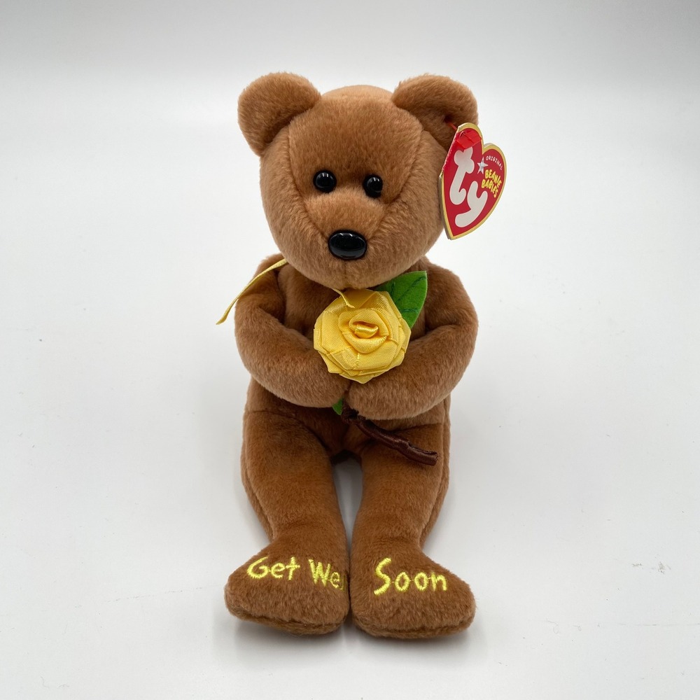 TY Beanie Baby Bandage Bear Get Well Soon Plush‎ w/ Yellow Rose 2004 8" Flaw